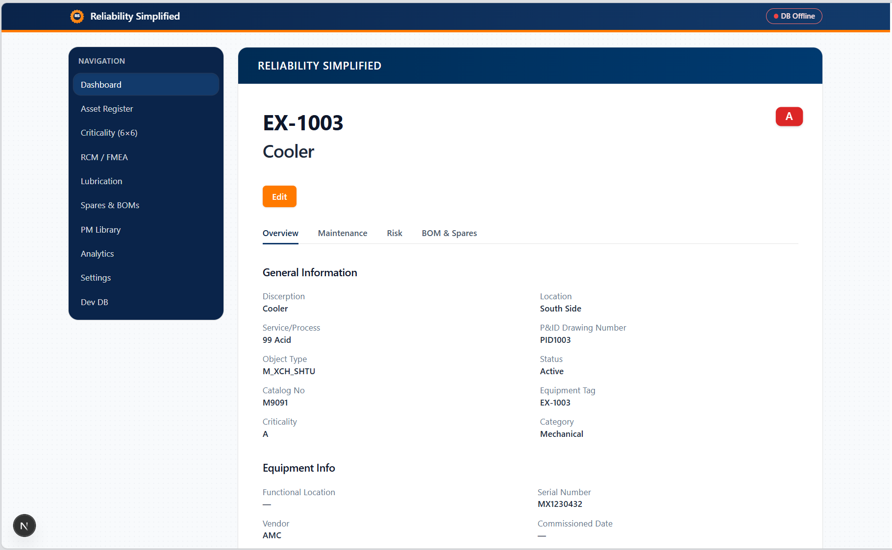 Equipment page in Reliability Simplified platform