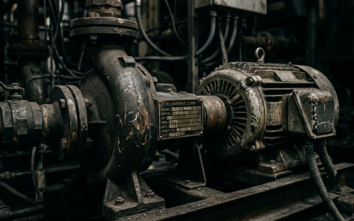 Centrifugal pump and motor on a skid, with its nameplate and asset tag visible